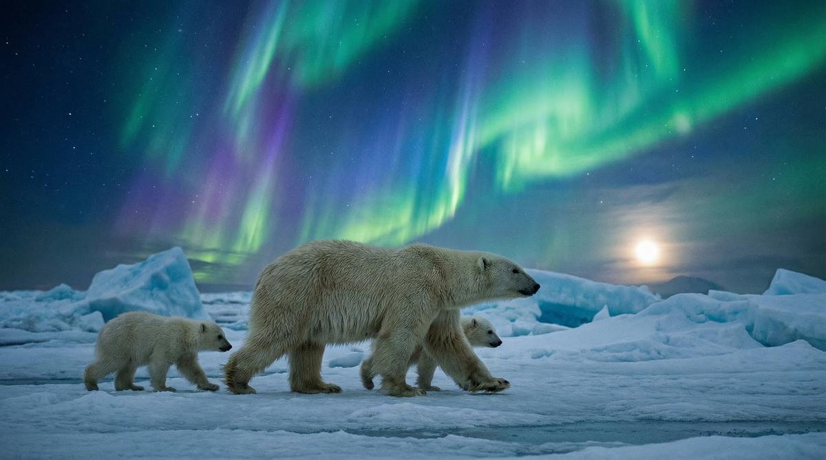 明星北极熊视频 - 极光下的母子视频